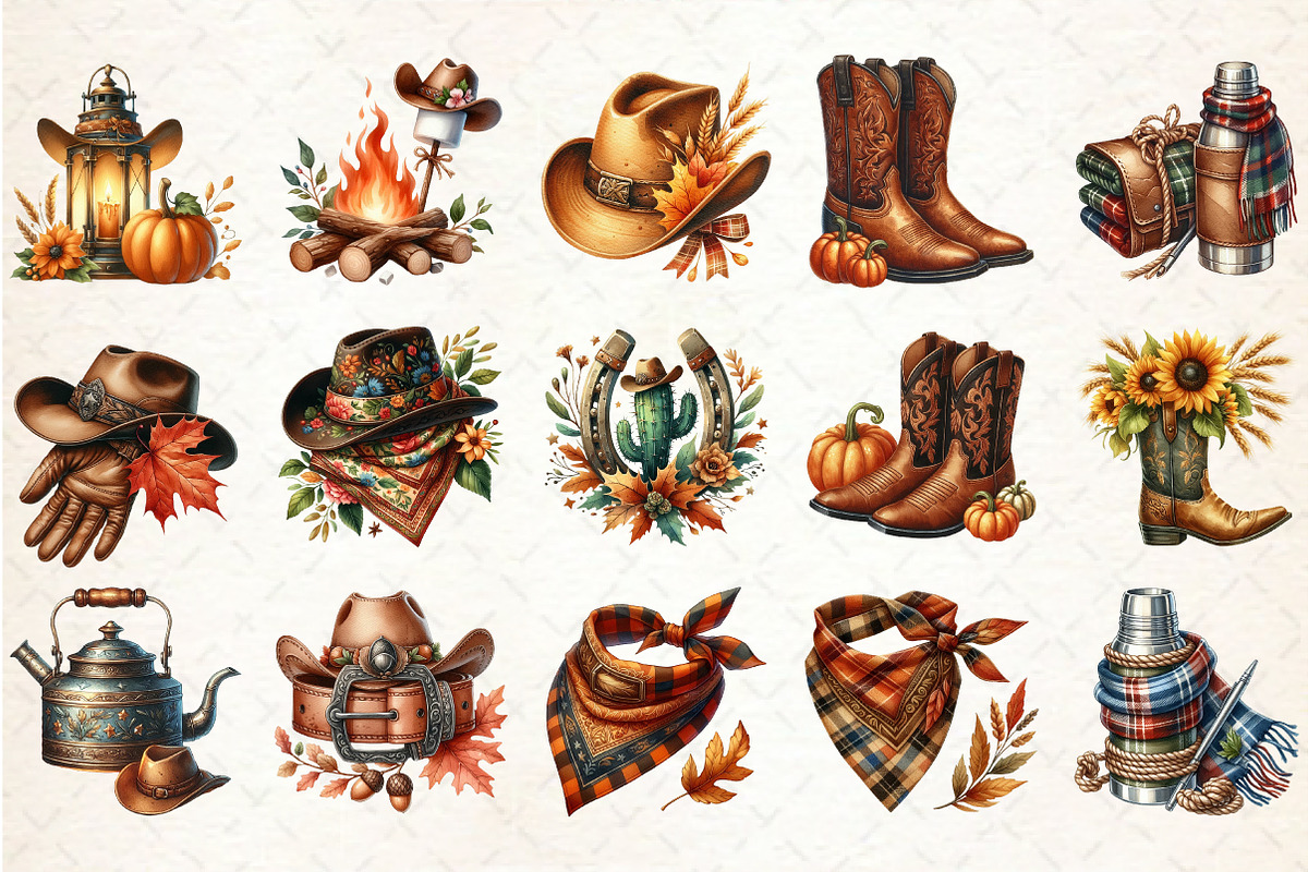 Watercolor Cowboy Autumn Clipart, an Illustration by Rose Art (Photo 2 of 7)