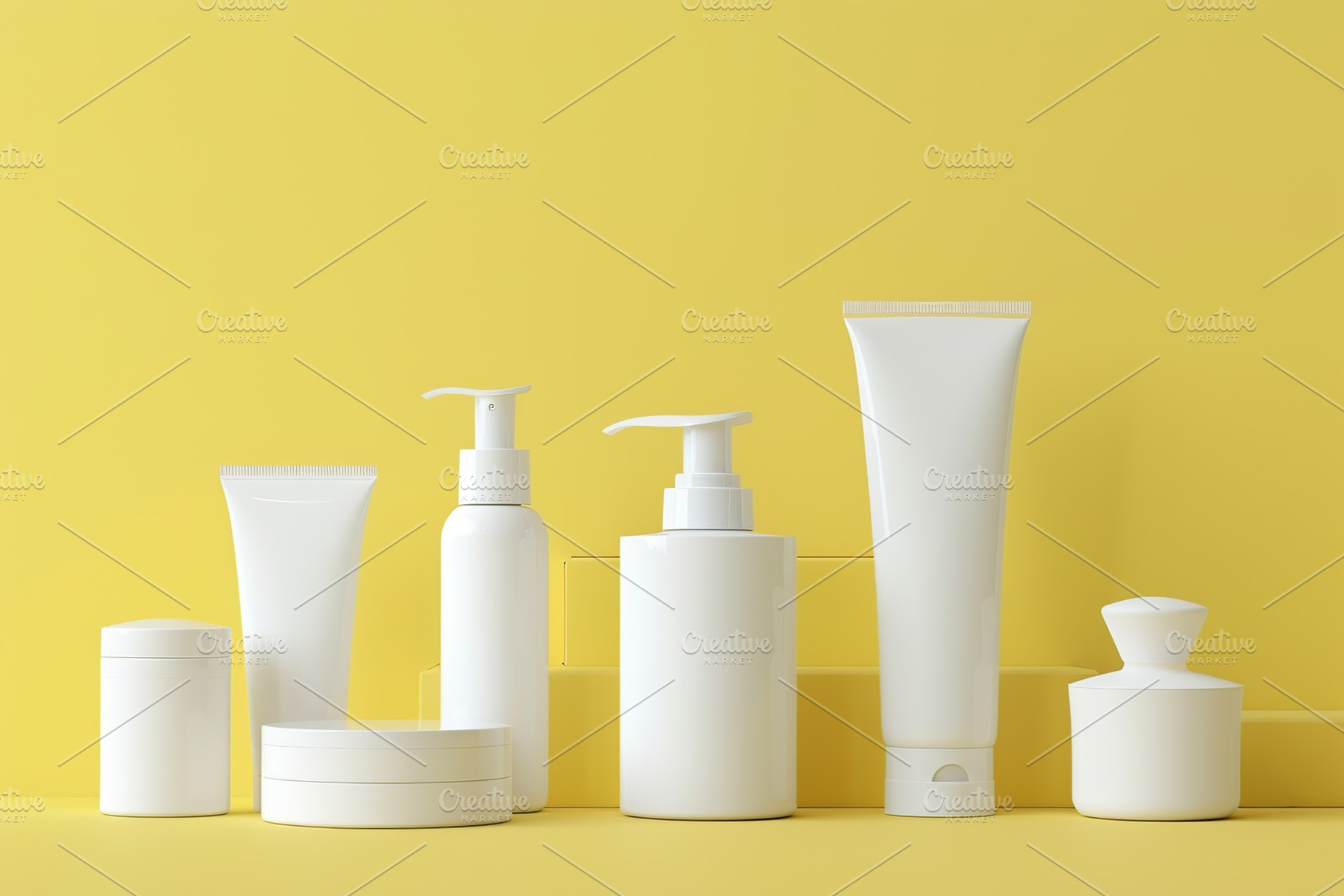 Blank cosmetic containers on yellow background, a Beauty & Fashion Photo by AlyaAnd