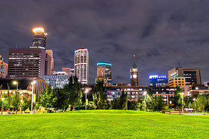 Minneapolis skyline view from The Commons park at night, an Architecture Photo by Leonid Andronov