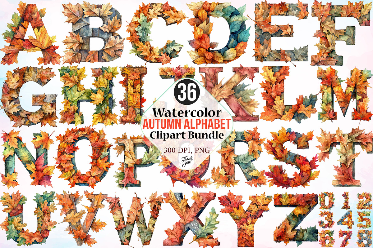 Watercolor Autumn Alphabet Clipart, a Seasonal Illustration by Canvas Craft (Photo 1 of 7)