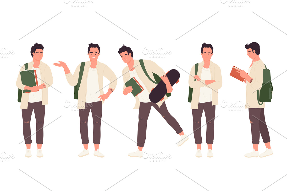 Male Student Poses Set With Backpack, a Person Illustration by Flashvector