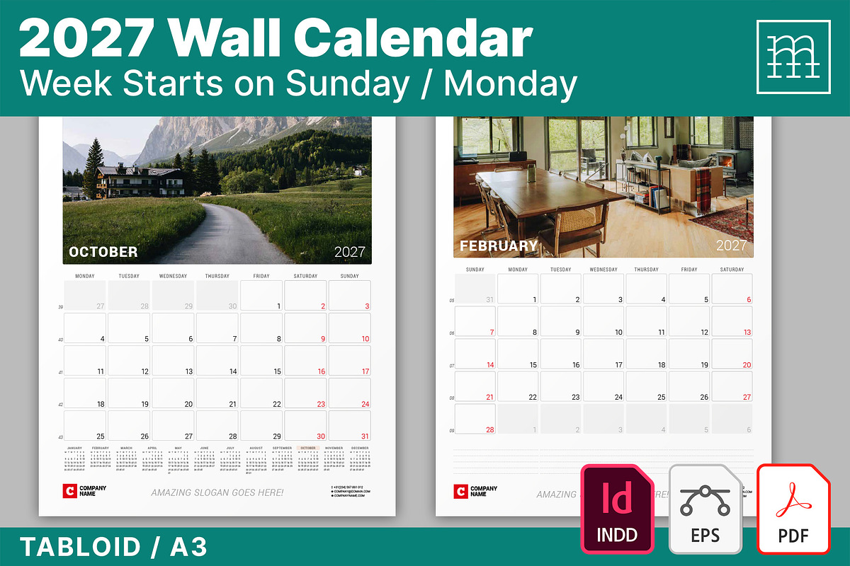 Wall Calendar 2027 (WC030-27), a Stationery Template by mikhailmorosin (Photo 1 of 6)