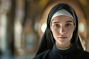 Young praying nun in church on blurred background, a Person Photo by AlyaAnd
