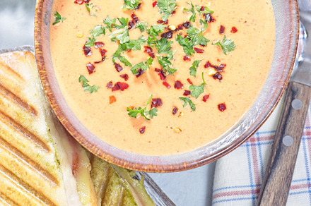 Red bell pepper cream soup served with grilled turkey panini, vertical top view