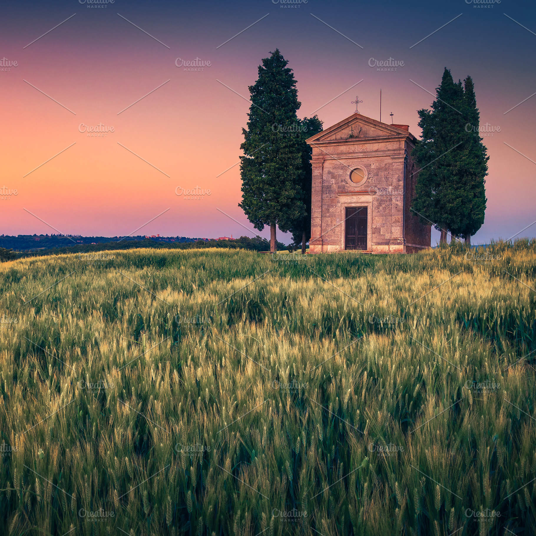 Old Vitaleta chapel and grain fields, an Architecture Photo by Alpine Dreams