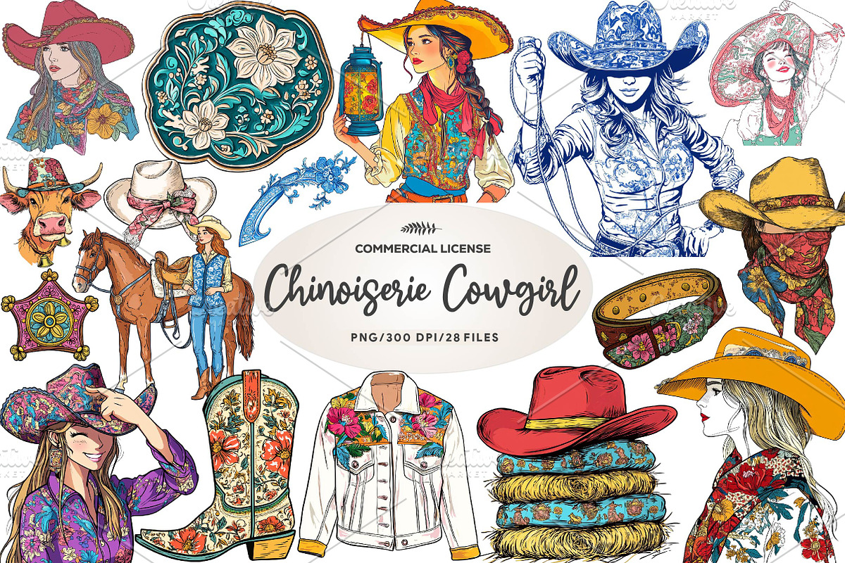 Cute Chinoiserie Cowgirl Sublimation, an Illustration by CreationArt (Photo 1 of 6)