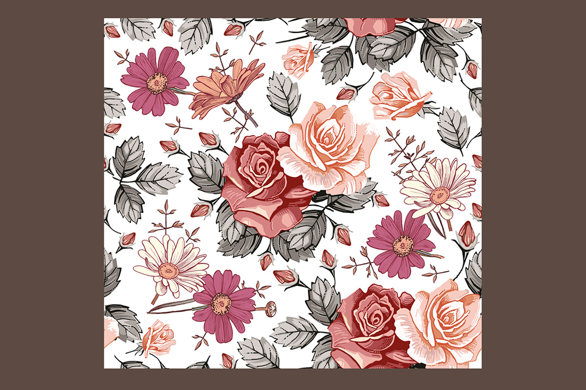 Seamless Flowers Rose Chamomile, a Pattern Graphic by Vintage (Photo 2 of 6)