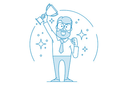 Successful work. A man with a cup