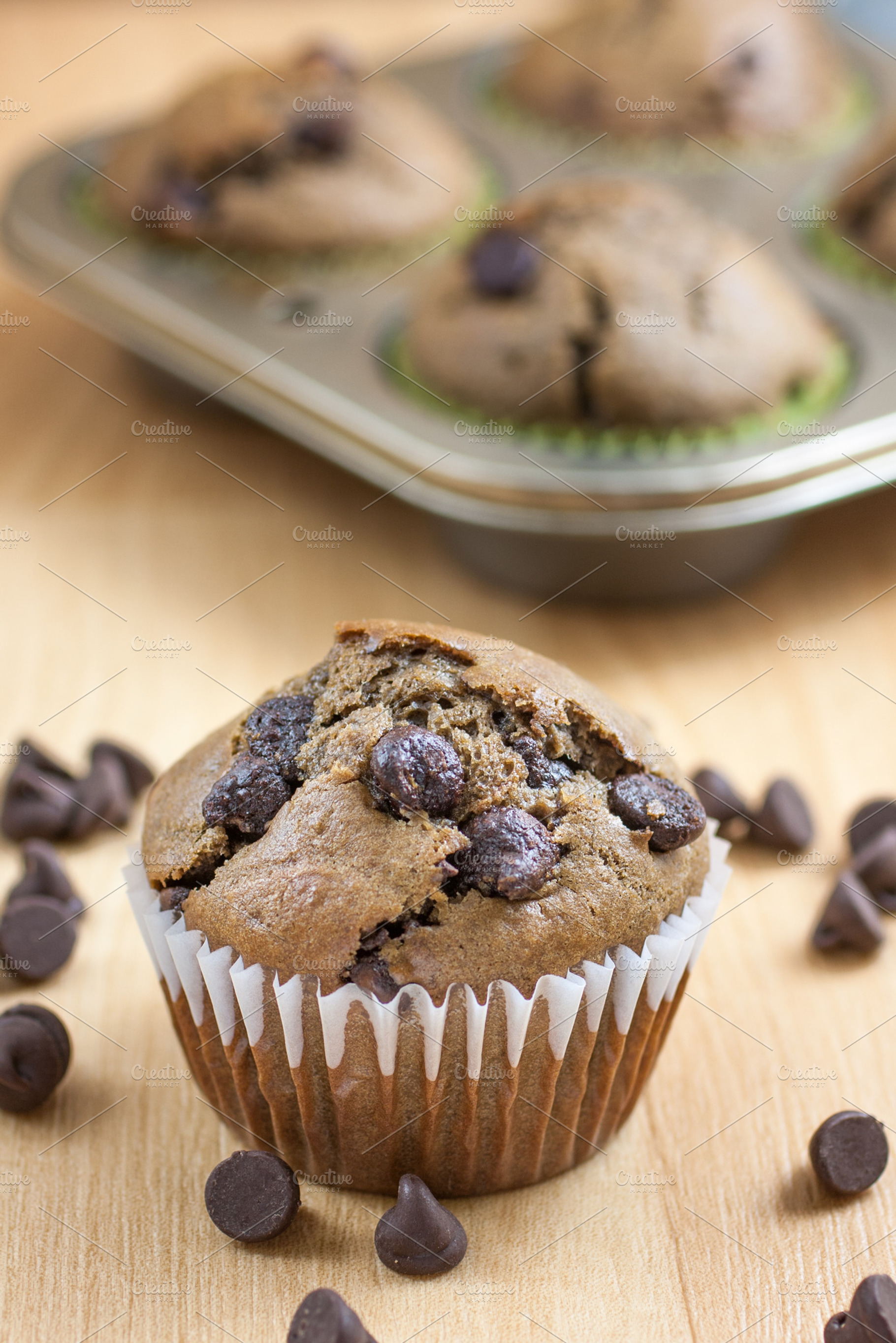 Chocolate chocolate chip muffin stock photo containing chocolate and chips