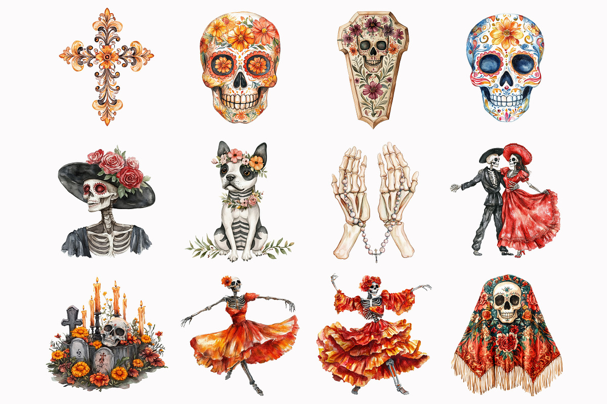 Watercolor Day of the Dead Clipart, an Illustration by Design Market (Photo 2 of 4)