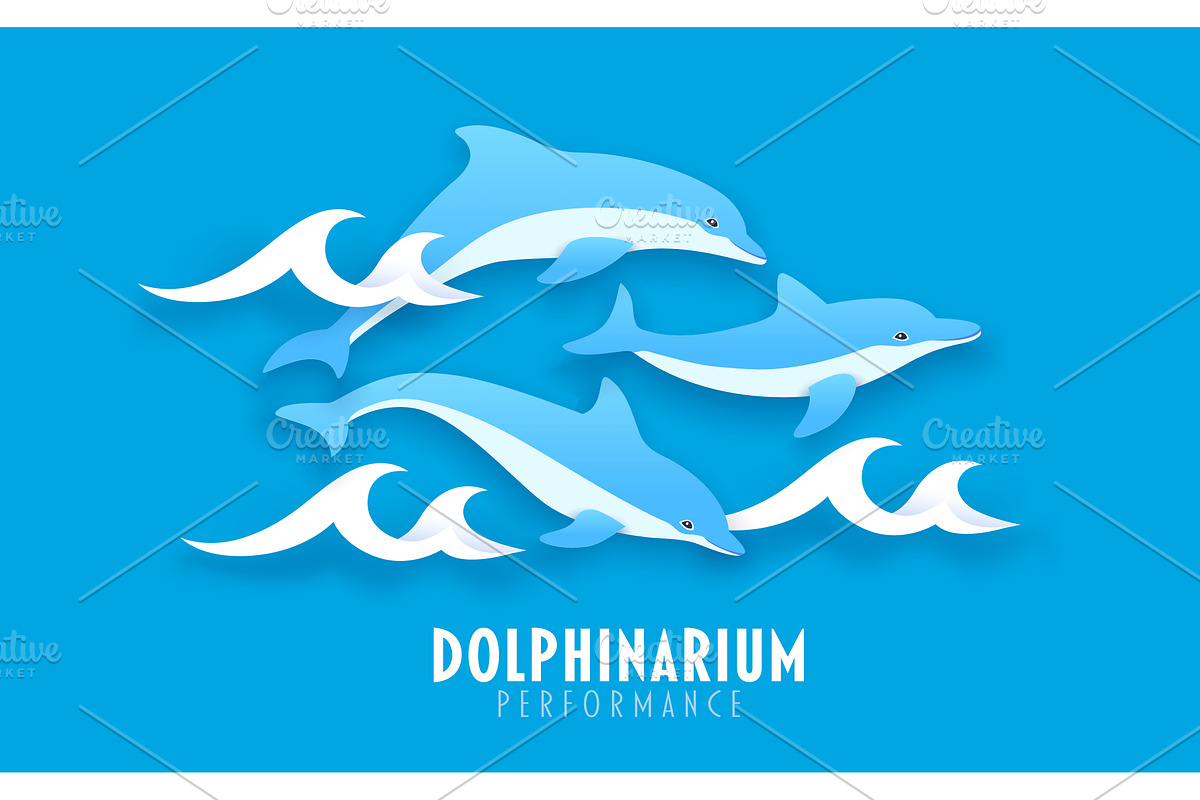 Paper cut banner with dolphins, an Animal Illustration by Vector Tradition