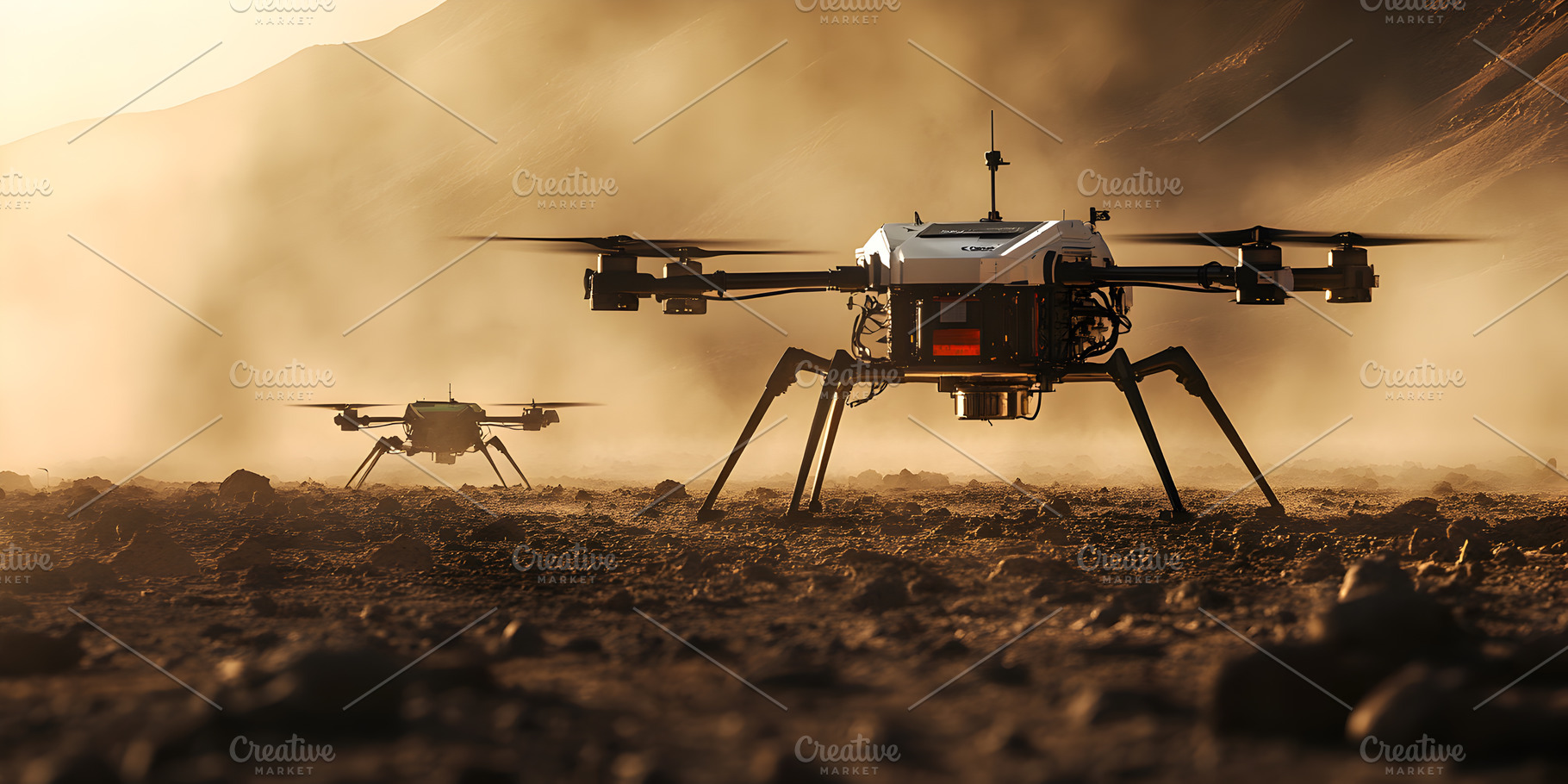 Drones landing in desert during dust, a Food & Drink Photo by Photostock