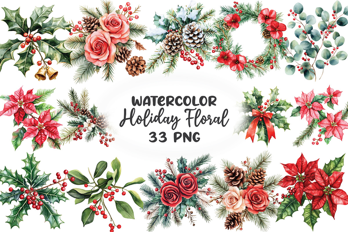 Watercolor Holiday Floral Clipart, an Illustration by CraftArtStudio (Photo 1 of 6)