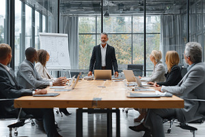 Businessman leading a team meeting p, a Photo by Pixeness Studio