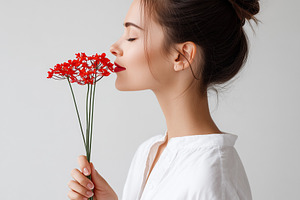 Young woman in white shirt smelling, a Person Photo by MistyDay