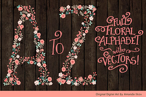 Mint & Coral Floral Alphabet Clipart