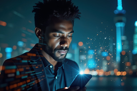 African American man with smartphone, a Technology Photo by angellodeco