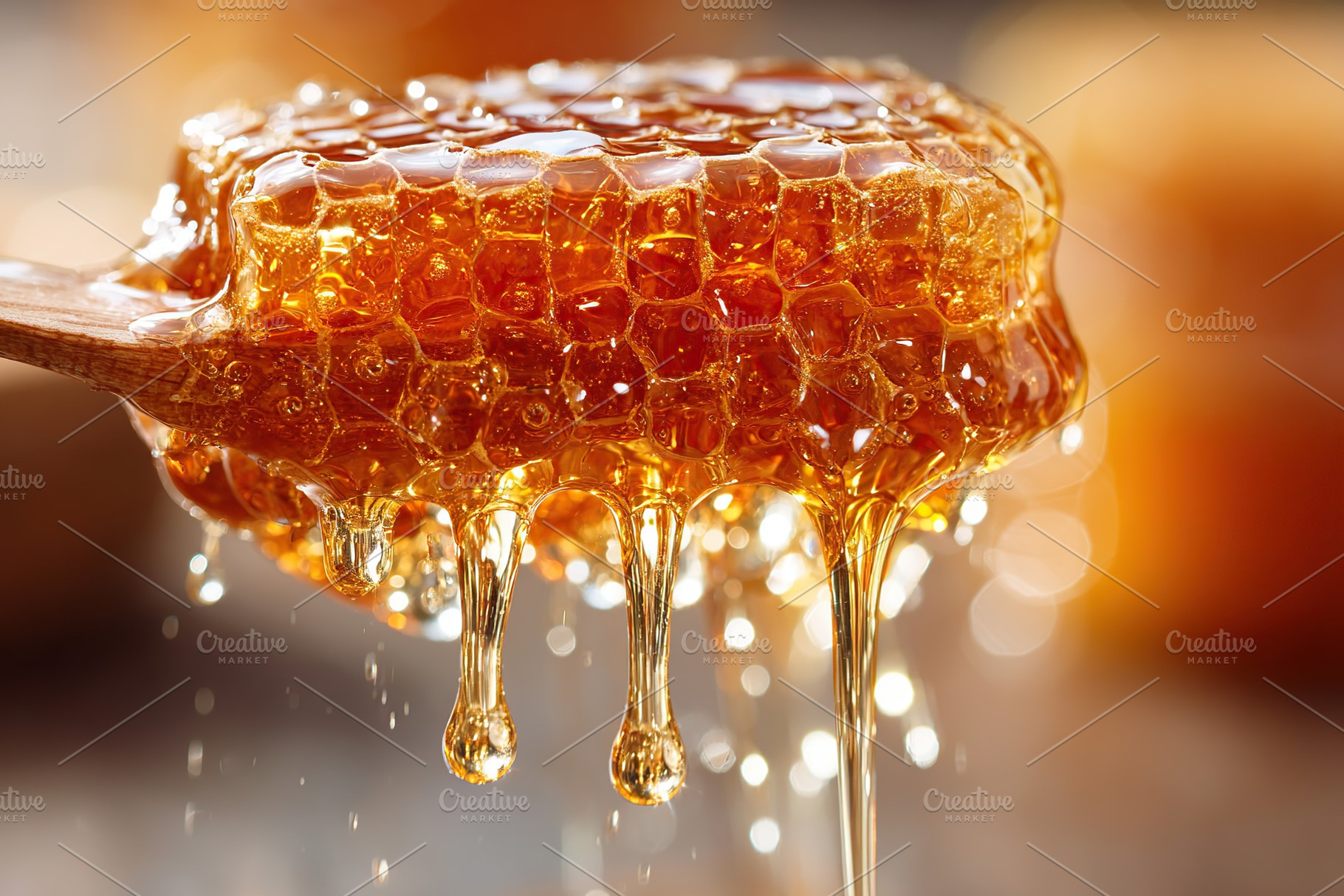 Viscous amber honey drizzling from wooden spoon in soft sunlight, a Photo by AlyaAnd