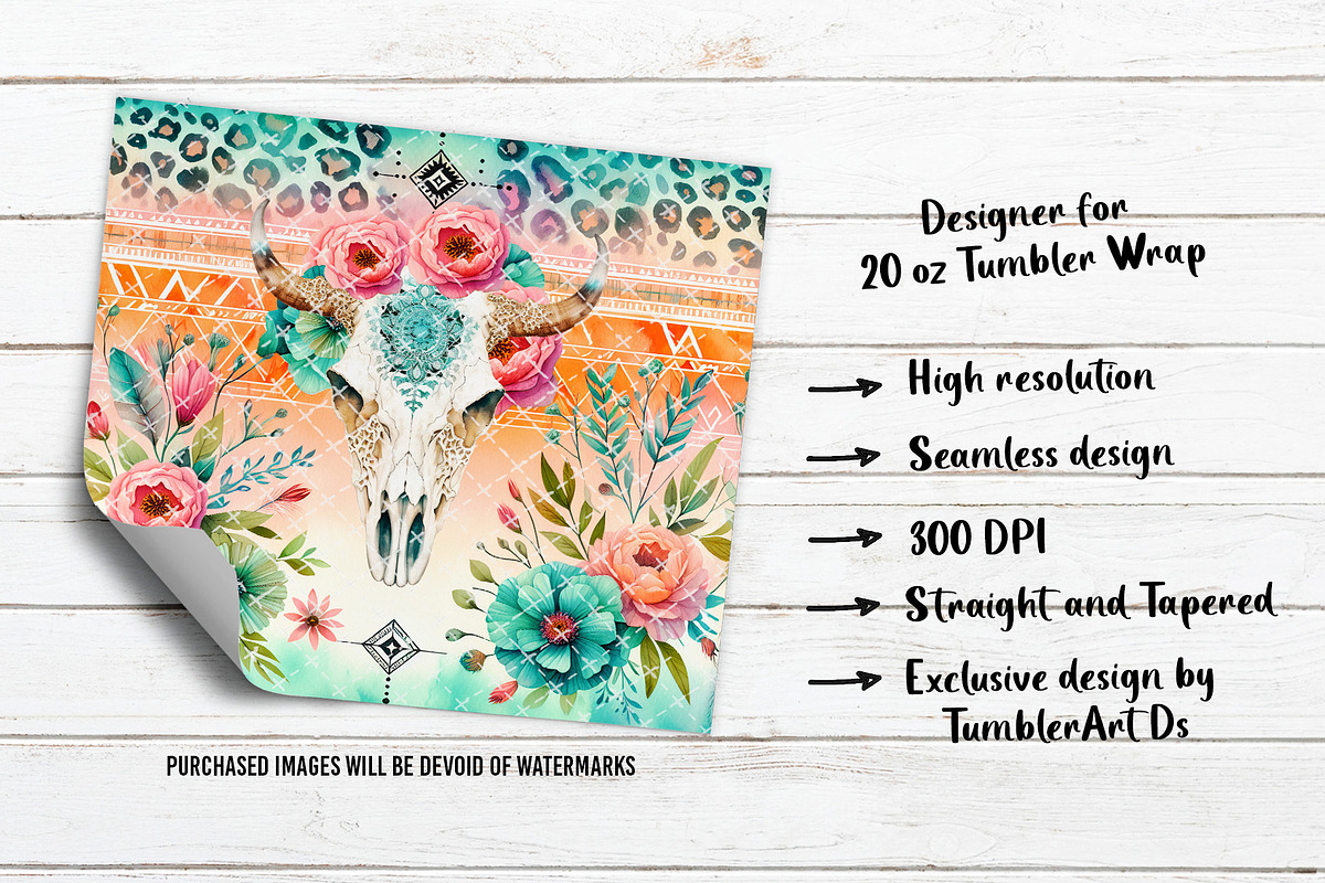 Boho Western Bull Skull Tumbler PNG, a Pattern Graphic by TumblerArtDS (Photo 3 of 3)