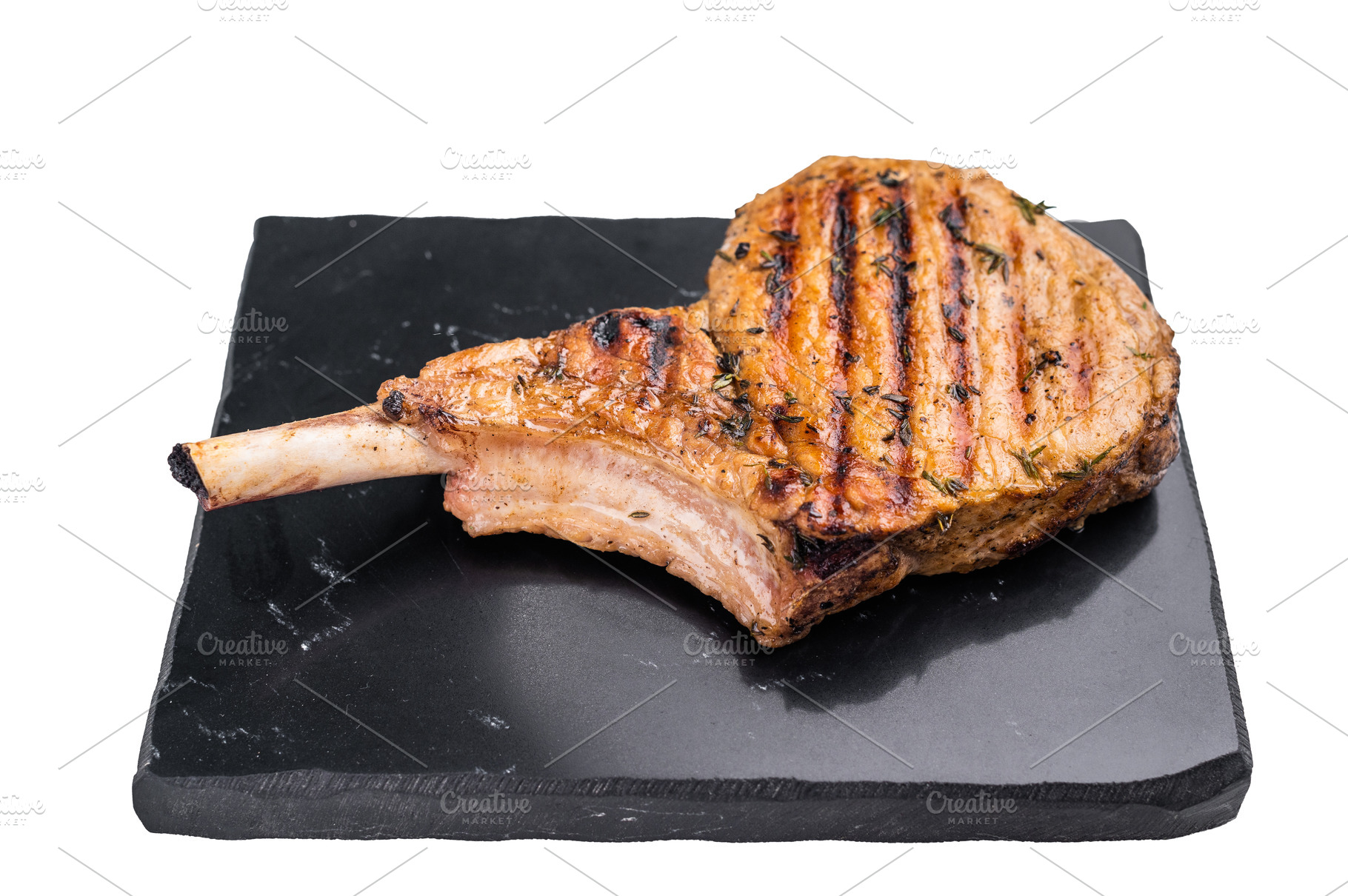 Savory bone in pork chop steak, beautifully charred and ready to, a Food & Drink Photo by composter-box@mail.ru