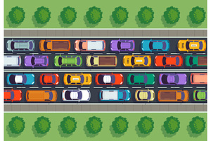 Traffic Jam Top View. Many Cars On