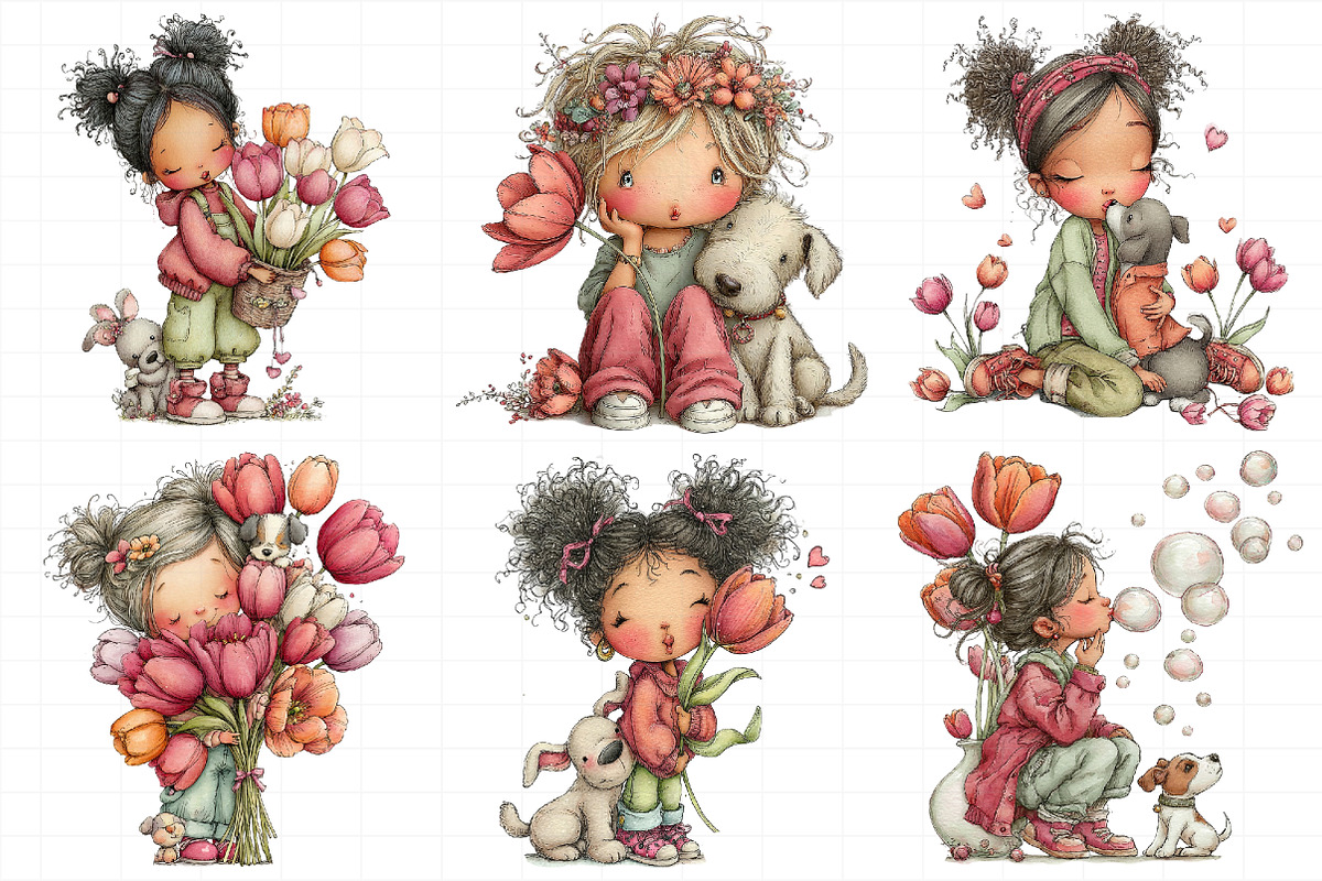 Whimsical Girl with Tulips and Puppy, an Illustration by Daily.Designs (Photo 5 of 8)