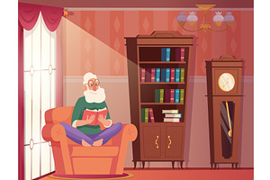 Grandfather reading. old man sitting, an Education Illustration by Onyx