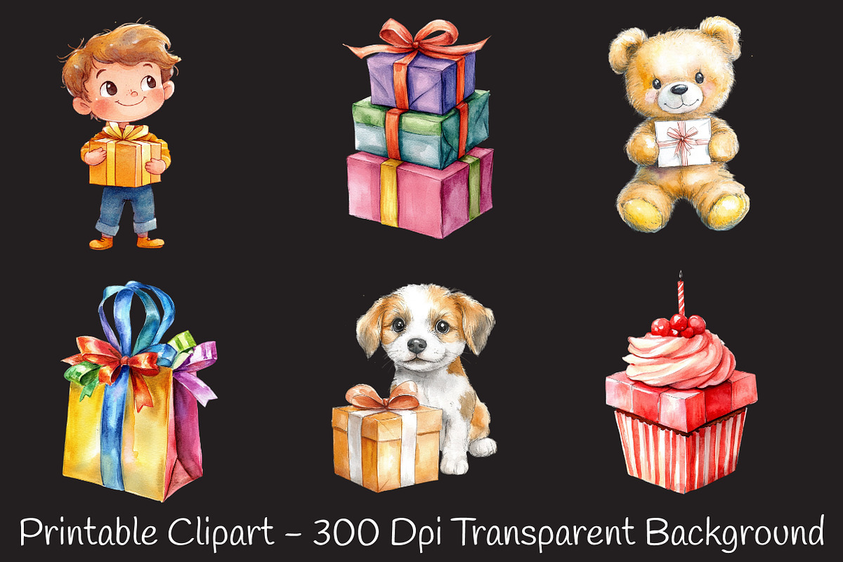 Birthday Gift Watercolor Cliparts, a Seasonal Illustration by RobertsArt (Photo 3 of 7)