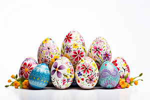 Colorful easter eggs with flowers on white background, a Holiday Photo by AlyaAnd