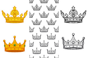 Set of Hand Drawn Crown and Patterns