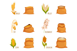 Cartoon bags with various cereals, a Food Illustration by Valerie Bodnar