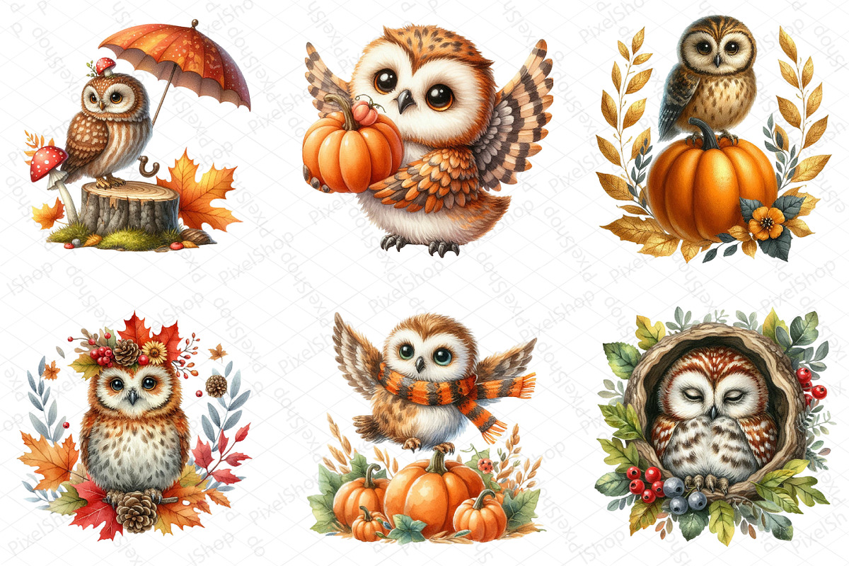 Watercolor Autumn Owl Clipart, an Illustration by DreamPrint404 (Photo 2 of 6)