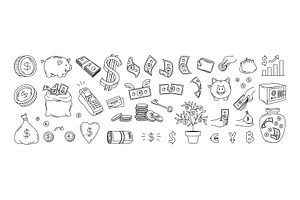 Doodle money. Banknotes and coins, a Finance Illustration by winwin.art