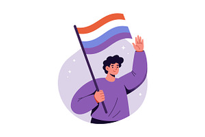 Young man waving a flag in celebrati, an Illustration by designvectx