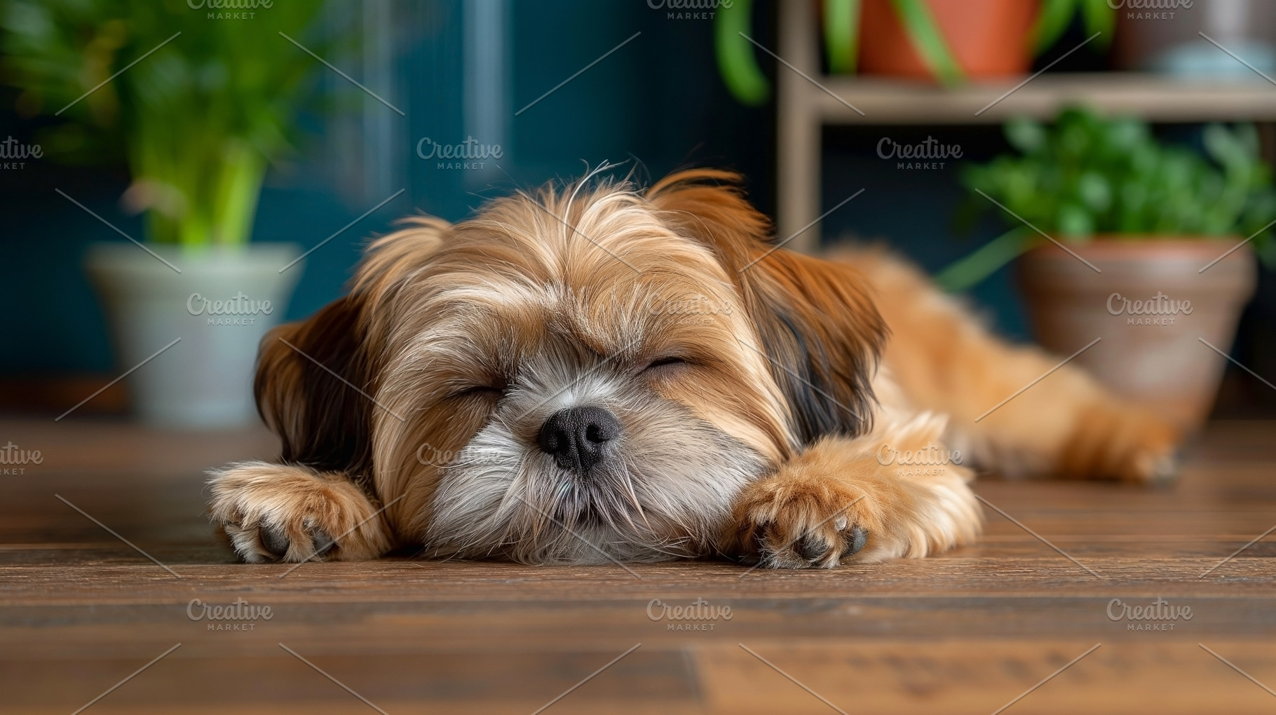 Adorable small dog peacefully napping on wooden floor among plants., an Animal Photo by ImageMir