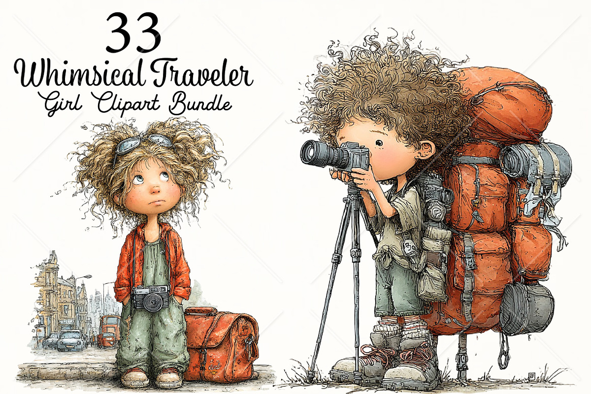 Whimsical Traveler Girl Clipart PNG, a Seasonal Illustration by Canvas Craft (Photo 1 of 10)