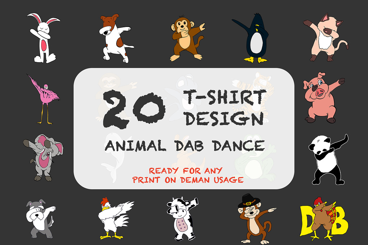 20 Animal Dabbing T-Shirt Designs, an Animal Illustration by Character (Photo 1 of 4)