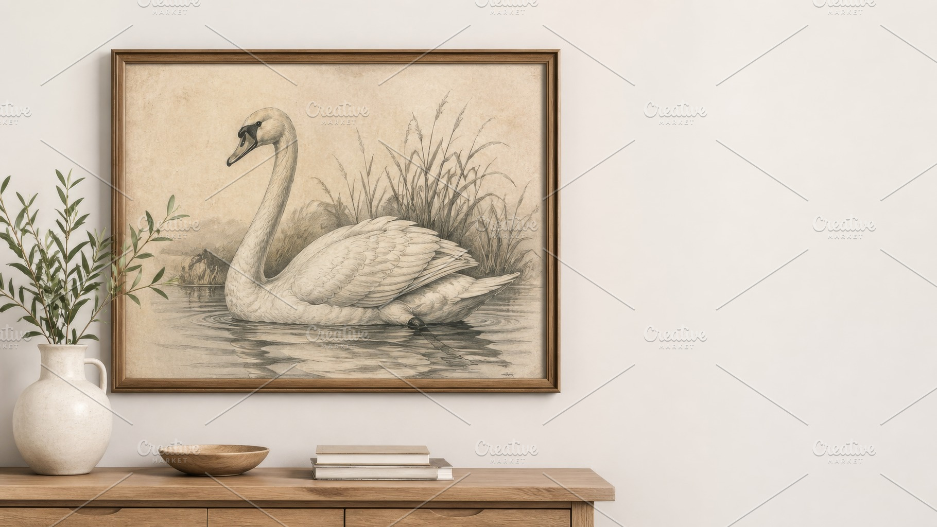 Swan decor sketch framed on wooden w, a Photo by Dvoevnore photos