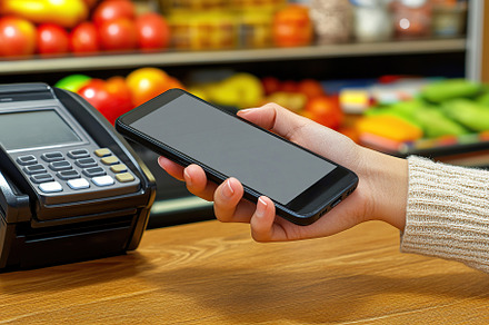 Using smartphone for paying through POS terminal of contactless, a Technology Photo by AlyaAnd