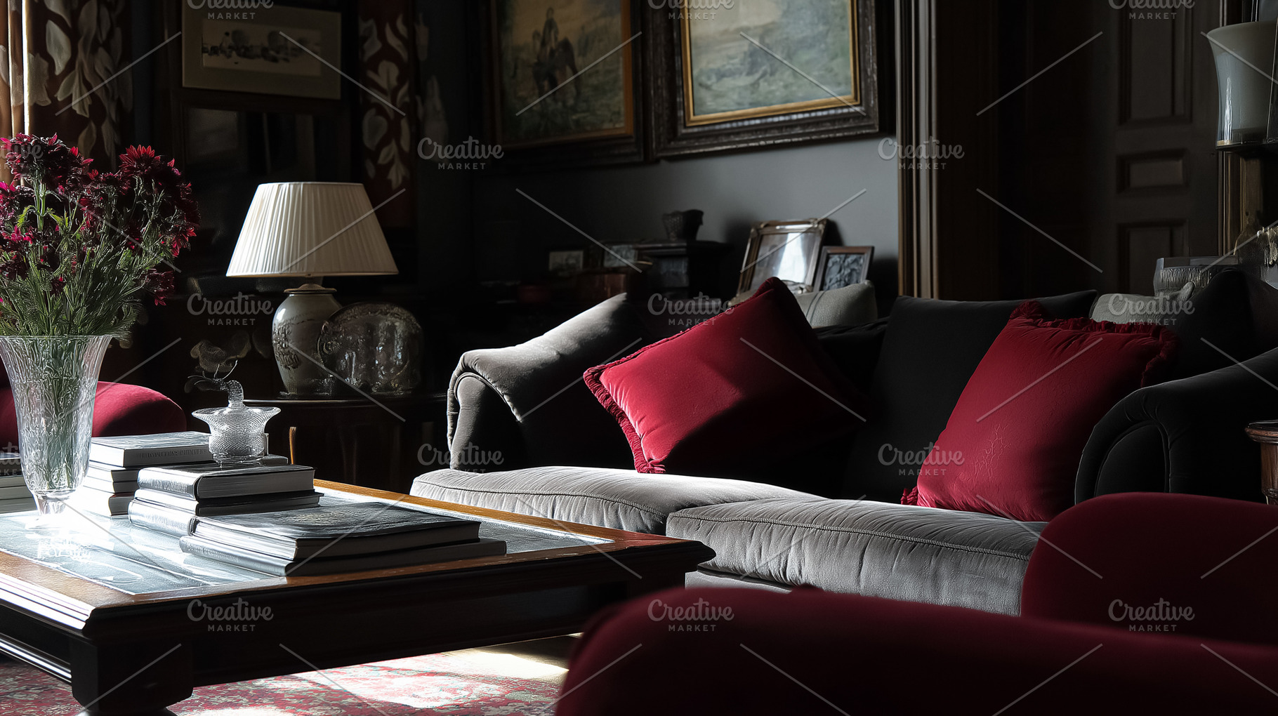 Dark traditional living room interior with cozy couch, decorative pillows, eleg, an Architecture Photo by Studio ANNA