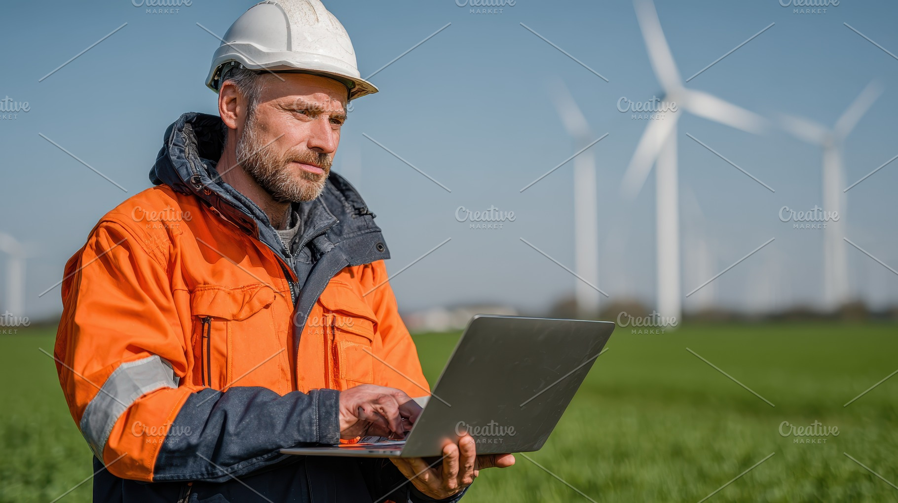 Engineer using laptop near wind turb, a Photo by Pixeness Studio
