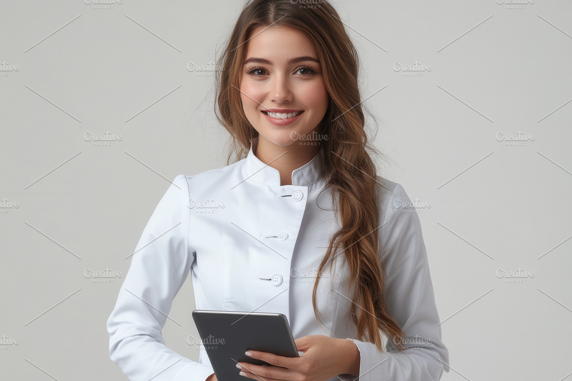 Young woman in white uniform holding, a Photo by Tanuart