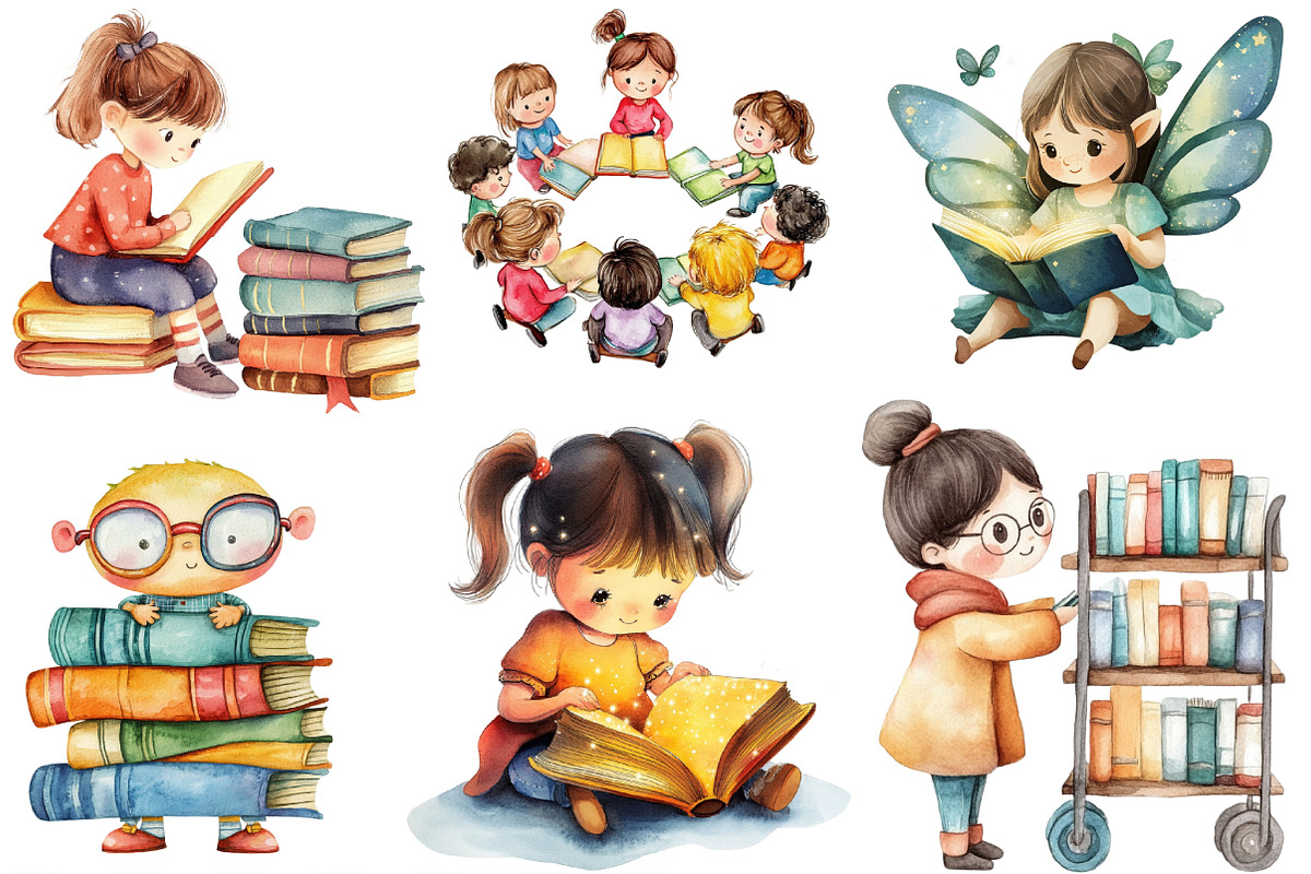 Library Kids Clipart Watercolor Book, an Illustration by Designking (Photo 2 of 4)