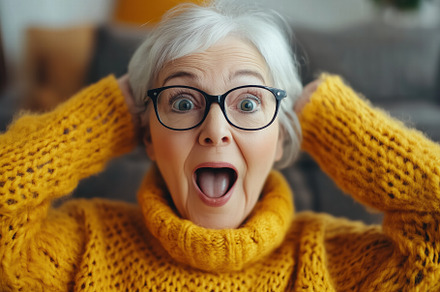 An elderly woman with short gray hair and glasses, wearing a cozy yellow sweate, a Person Photo by Textures & Backgrounds