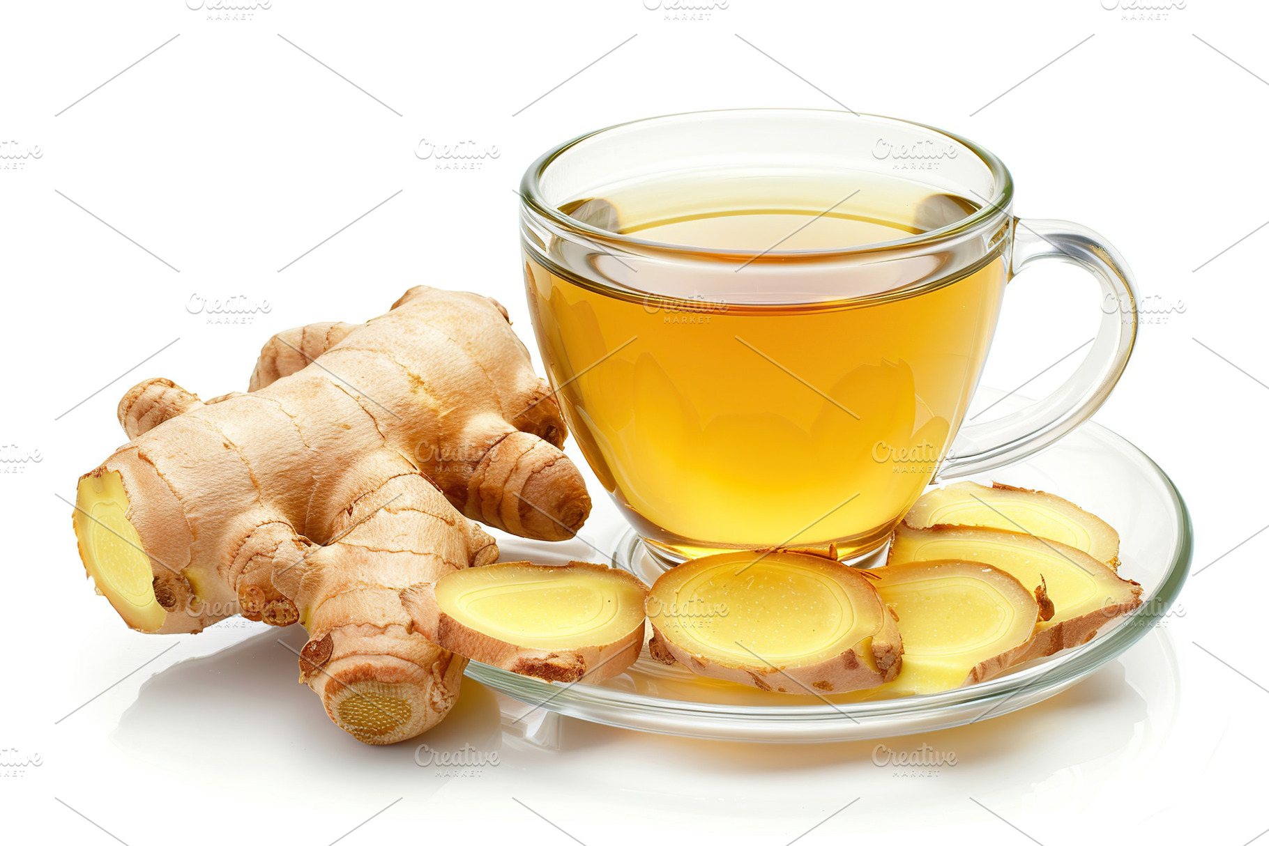 Glass cup of ginger tea with sliced ginger root isolated on whit, a Food & Drink Photo by AlyaAnd