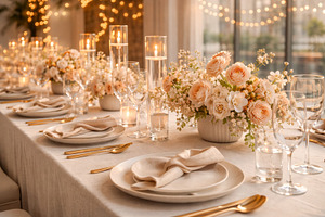 Elegant wedding table setting with f, a Photo by Dvoevnore photos