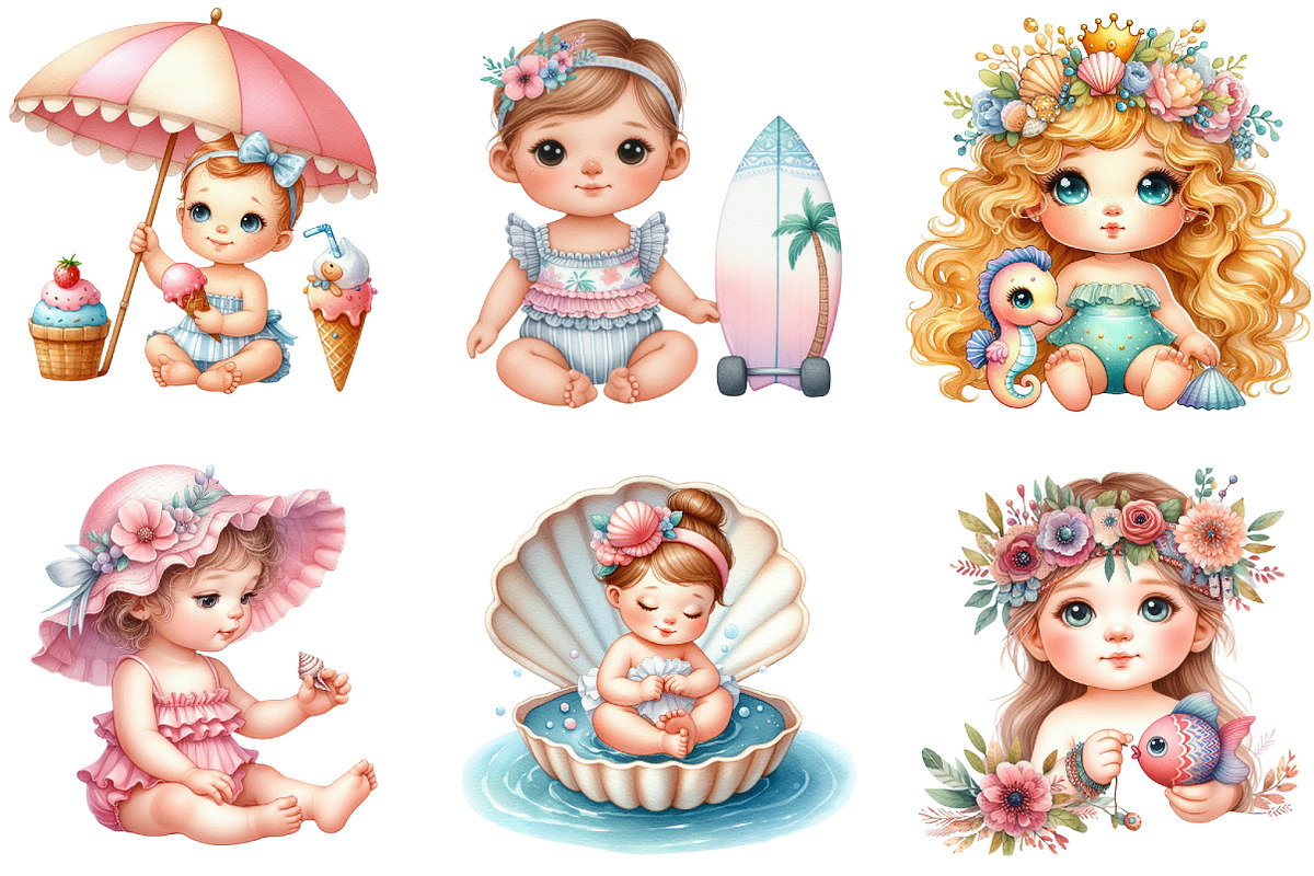 Summer Beach Baby Girl Clipart, a Seasonal Illustration by DreamArtGraphic (Photo 4 of 4)
