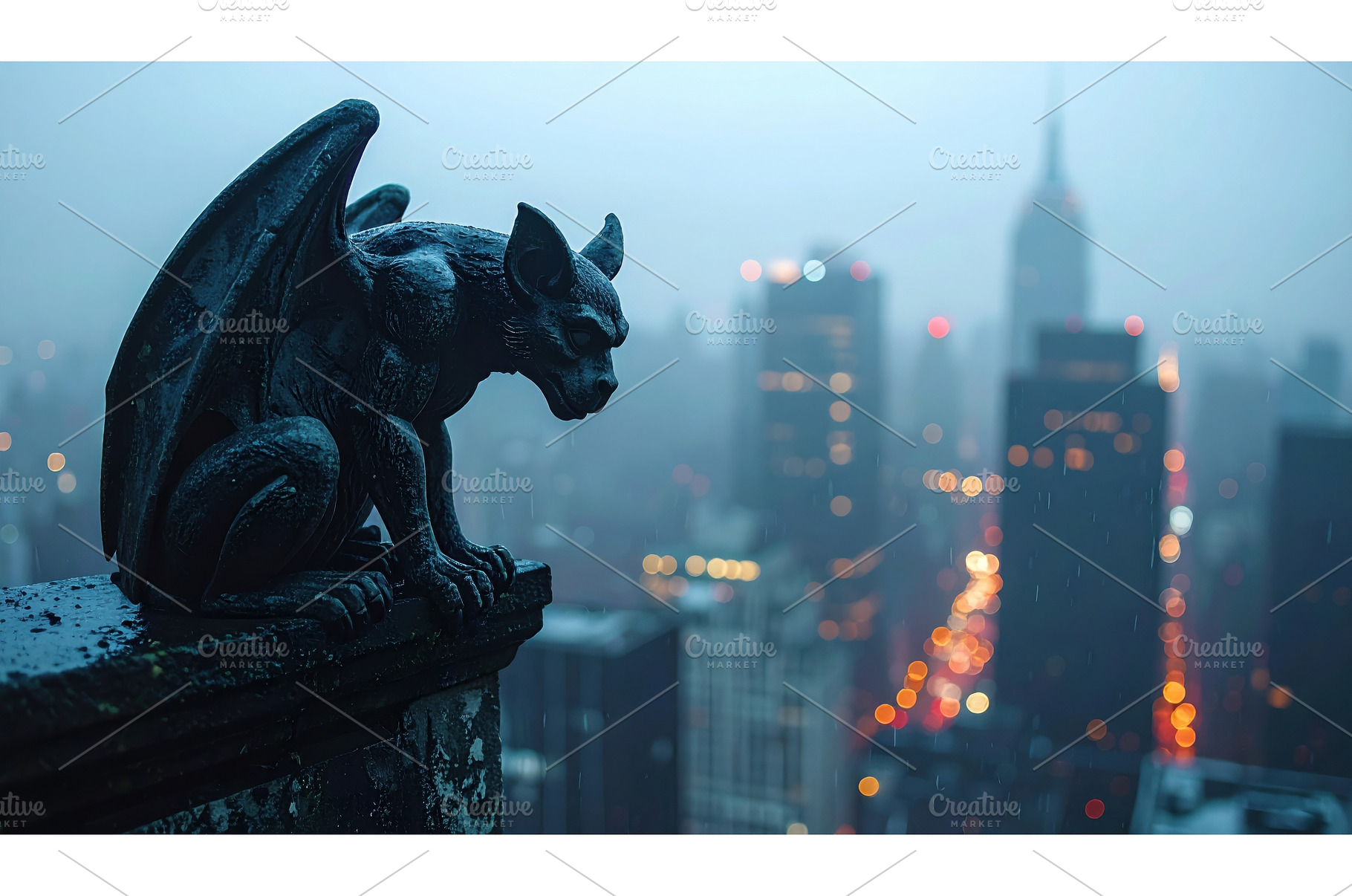 Gargoyle statue overlooking a misty, an Architecture Photo by Igor Tichonow