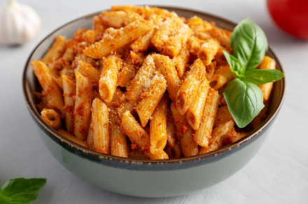 Homemade Tomato Pesto Pasta with Cheese and Basil in a Bowl, sid, a Food & Drink Photo by LiudmylaChuhunova