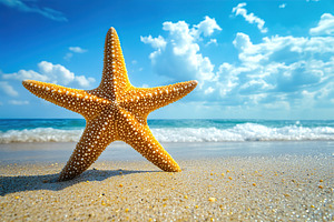 Starfish stands proudly on sandy beach with waves and clouds in the background, an Animal Photo by AlyaAnd